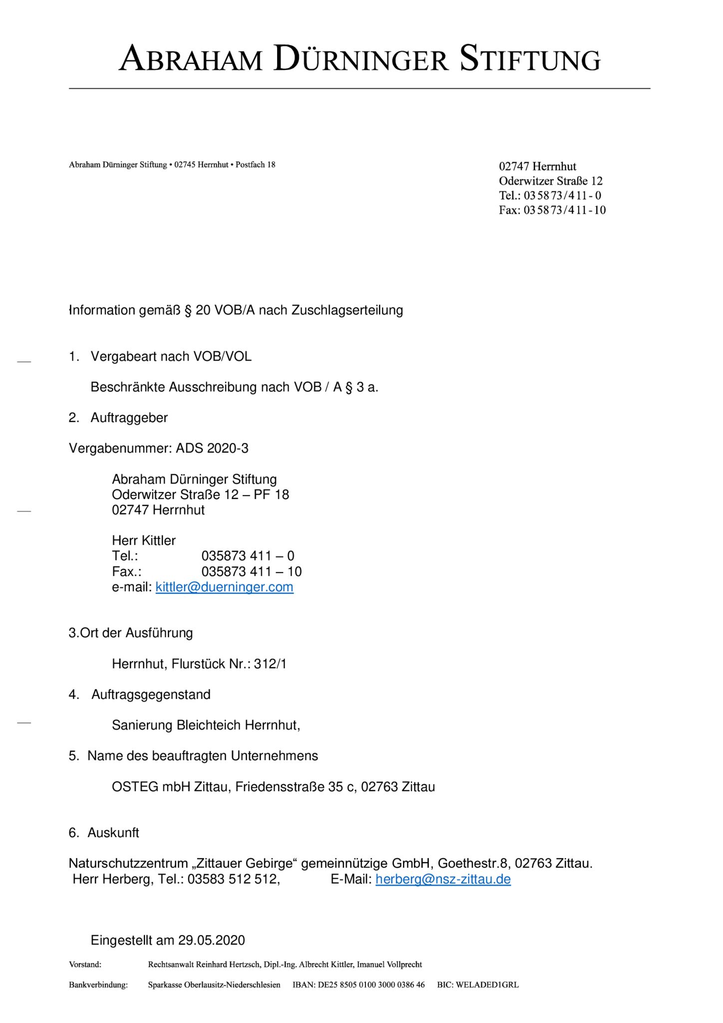 Vergabe Bleichteich Herrnhut